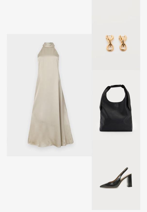 Vestido maxi en satén beige claro, con cuello alto y una silueta fluida. Textura suave con un ligero brillo, sin patrones visibles.; Zapato slingback de piel negra con puntera puntiaguda, tacón alto y ancho, y forro interior beige sobre un fondo claro y liso.; Bolso de mano de cuero negro con una gran abertura superior y una sola correa para el hombro. Textura suave, diseño minimalista, con detalles sutiles de herrajes.; Par de pendientes de aro con acabado dorado brillante sobre fondo blanco liso, con diseño entrelazado y torsionado.