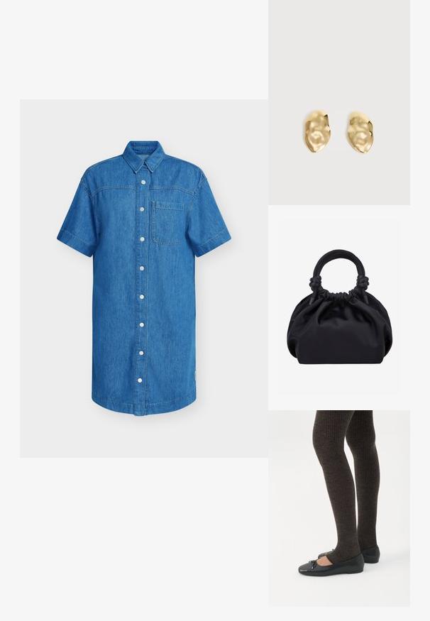 Camisa de mezclilla de manga corta en azul brillante, con tapeta de botones, un bolsillo en el pecho y dobladillo recto. Textura suave.; Piernas con leggings oscuros acanalados combinados con bailarinas negras que presentan pequeños detalles de lazo sobre un fondo blanco.; Bolso de tela negra suave con parte superior fruncida y asas redondeadas anudadas en la base, sobre un fondo claro y liso.; Par de pendientes de metal dorado brillante, con forma irregular y superficie arrugada y lisa sobre un fondo claro y sencillo.