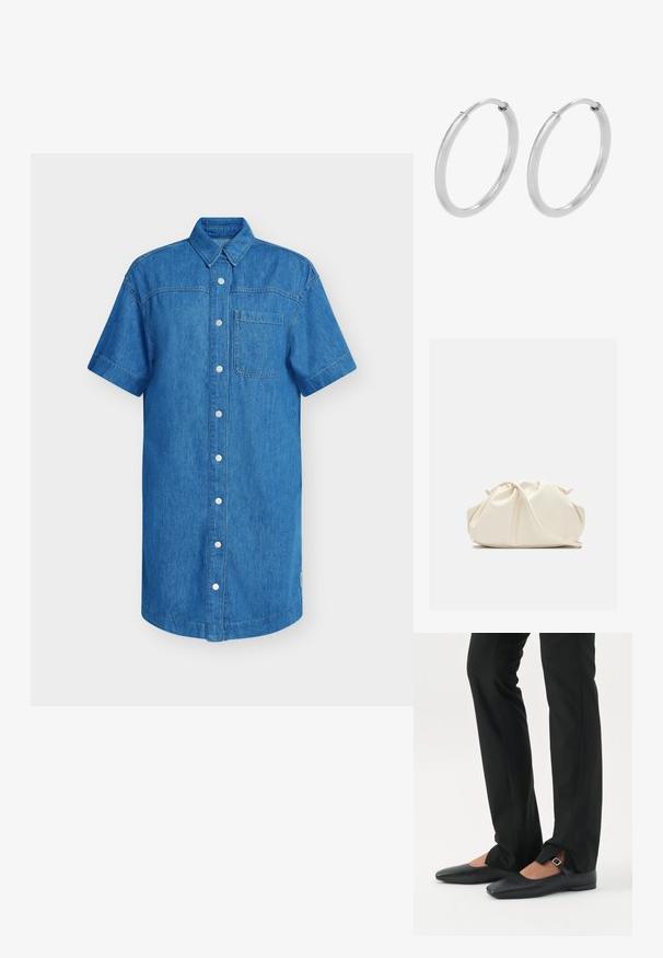 Camisa de mezclilla de manga corta en azul brillante, con tapeta de botones, un bolsillo en el pecho y dobladillo recto. Textura suave.; Piernas con pantalones ajustados negros con aberturas frontales en el dobladillo, combinados con zapatos planos Mary Jane negros con una pequeña correa con hebilla.; Bolso de mano de cuero suave de color crema con diseño fruncido y plisado y una delgada correa para el hombro que descansa delante sobre un fondo liso.; Pendientes de aro de plata, forma circular, textura lisa y brillante, y ancho constante en toda su extensión. Diseño minimalista sin acentos adicionales.