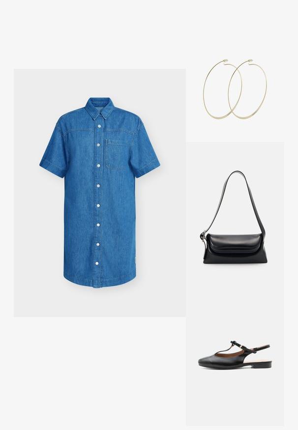Kortærmet denimskjorte i klar blå, med knaplukning, enkelt brystlomme og lige skåret kant. Blød tekstur.; Sort læder flad slingback-sko med T-rem og guldlås på neutral baggrund.; Sort læderhåndvask med en struktureret form, en glat overflade og en enkelt skulderrem. Har et subtilt, rundet klapdesign.; Pilgrim Øreringe - gold-coloured