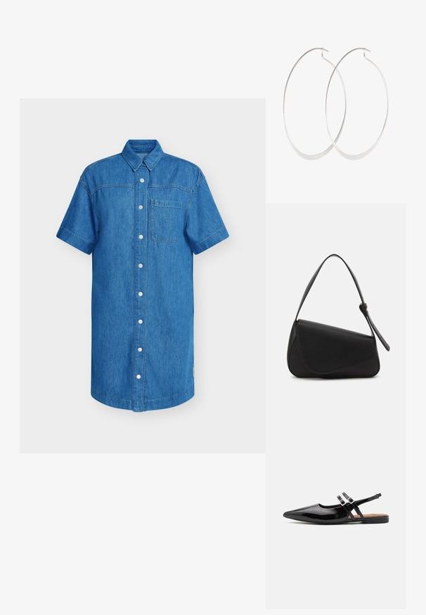 Denim overhemd met korte mouwen in helderblauw, voorzien van een knoopsluiting, een borstzak en een recht gesneden zoom. Zachte textuur.; Zwarte gepatineerde leren slingback schoenen hebben een spitse neus, twee banden met gespsieraden en een platte zool.; Zwart leren handtas met een driehoekige vorm, schuine klep en een ronde handgreep. Heeft een gladde textuur en minimalistische ontwerpelementen.; Zilveren oorringen met een dun, glad ontwerp; langwerpige ovale vorm; gepolijste afwerking; voorzien van een veilige haaksluiting.