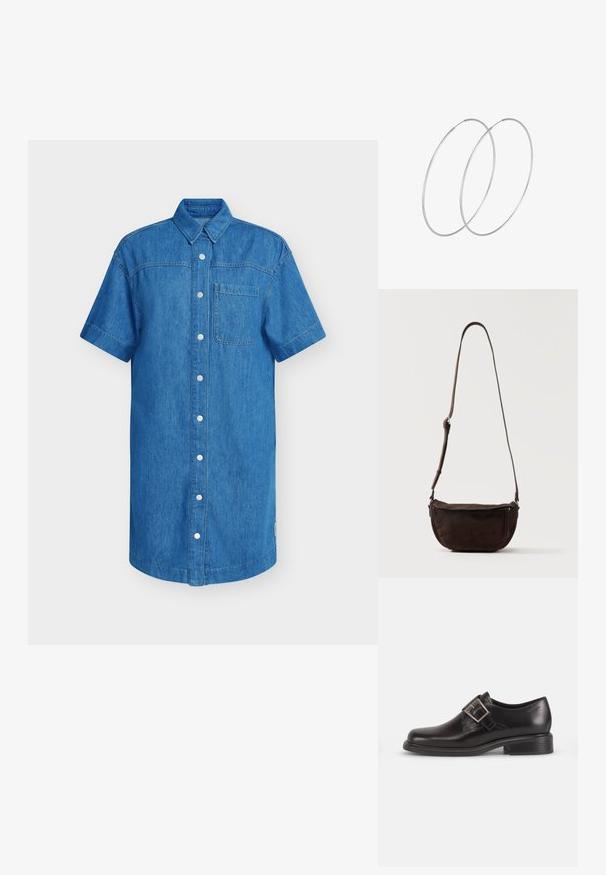 Camisa de mezclilla de manga corta en azul brillante, con tapeta de botones, un bolsillo en el pecho y dobladillo recto. Textura suave.; Zapato de vestir de cuero negro con punta redondeada, detalle de hebilla lateral y suela texturizada, sobre un fondo blanco liso.; Bolso bandolera de ante marrón oscuro con una correa ajustable y un bolsillo delantero con cremallera, colocado contra un fondo claro y liso.; Pendientes de aro plateados con un diseño minimalista. Forma circular, textura suave y perfil delgado. Livianos con un acabado pulido.