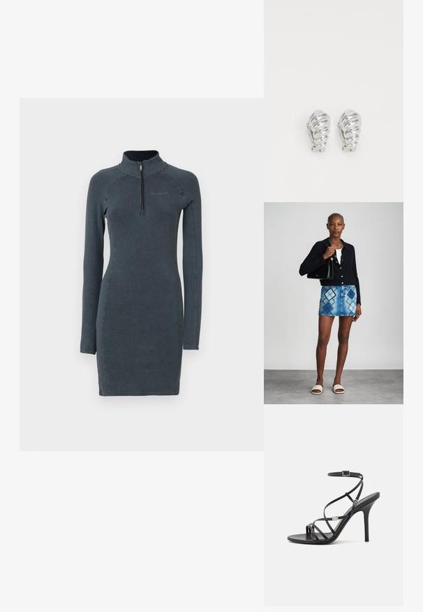Langærmet kjole i mørkegrå med lynlåskrave, tætsiddende design og glat tekstur. Har minimal branding på brystet.; Sort højhælet sandal med tynde stropper, en ankelspænde, en glat læderoverflade og en slank stilethæl.; Sort striktrøje, hvid top, denimnederdel med blå og sort diamantmønster, sort håndtaske og beige slidesandaler.; Sølv clip-on øreringe med spiralmønster, der har en glat metallisk tekstur og runde former. Ingen synlige udsmykninger eller mønstre.