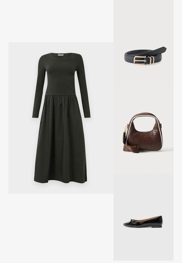 Vestido de manga larga, de color verde oscuro, con un cuerpo ajustado y una falda recogida y fluida. Confeccionado con una tela de textura suave. Escote redondo.; Bailarinas de charol negras con punta afilada, detalle de un pequeño lazo en la parte delantera y un tacón cuadrado bajo. Textura suave y brillante.; Bolso de mano de piel trenzada marrón con ribete blanco, cremallera dorada y correa de hombro de tela marrón desmontable.; Cinturón de cuero negro enrollado con una hebilla rectangular dorada y dos pasadores de cinturón dorados a juego sobre un fondo claro.