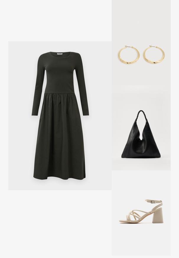 Vestido de manga larga, de color verde oscuro, con un cuerpo ajustado y una falda recogida y fluida. Confeccionado con una tela de textura suave. Escote redondo.; Sandalias de tacón en color beige con correas entrelazadas, hebilla en el tobillo y tacón de bloque cuadrado para mayor estabilidad. Textura suave similar al cuero.; Bolso de cuero negro con una apertura única en forma de V, que presenta un asa trenzada y una superficie texturizada. Diseño minimalista con curvas suaves.; Par de pendientes de aro dorados pulidos con postes delgados y cierres con bisagra, exhibidos sobre un fondo liso gris claro.