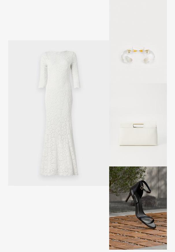 Hvid blondekjole med en tætsiddende overdel, lange ærmer og en flagrende nederdel. Har et blomsterdesign og bølgede kanter. Glat tekstur.; Sort højhælet sandal med ankelsnor, der ser ud til at svæve over et trægulv udendørs med sløret grønt og sten i baggrunden.; Furla GIADA POUCH - Clutches - panna; Klare akryl hoops øreringe med guld accenter, der har et buet design og en transparent lås. Glat tekstur, minimalistisk stil.