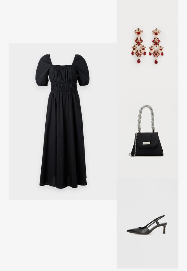 Robe maxi noire avec un décolleté carré, des manches bouffantes et une taille élastique, réalisée en tissu léger à la texture lisse.; Chaussure à bride arrière en cuir noir avec bout pointu, dotée d'un accent brillant sur le bout et d'un talon de hauteur moyenne. Design latéral ouvert.; Sac en forme de trapèze noir avec une anse en argent texturée et une bandoulière en chaîne, comportant une plaque rectangulaire argentée sur le rabat avant.; Boucles d'oreilles en or avec de multiples pierres précieuses rouges, roses et violettes agencées en motifs floraux et en gouttes d'eau complexes.