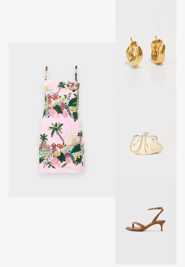 Robe rose sans manches avec broderie tropicale de perroquets, palmiers, fleurs et motifs de soleil sur le devant et les bretelles.; Sandale en cuir marron avec lanières, talon bas en forme de petit escarpin et bride à la cheville avec une petite boucle, vue de côté sur un fond uni.; Pochette en cuir beige plissé avec un cadre en métal argenté, dotée de deux fermoirs ronds décoratifs et d'une chaîne en argent.; Boucles d'oreilles créoles en or massif avec un design tubulaire légèrement tordu et des fermoirs à tige sur un fond blanc.