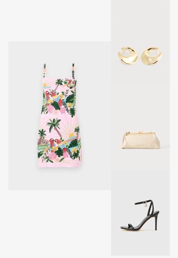 Robe rose sans manches avec broderie tropicale de perroquets, palmiers, fleurs et motifs de soleil sur le devant et les bretelles.; Sandale à talon haut noire avec une bride étroite à la cheville, bout carré, cuir lisse et accent de boucle métallique.; Pochette rectangulaire couleur crème avec cadre en métal doré, fermoir rond, anse courte et logo VALENTINO sur le devant.; Une paire de boucles d'oreilles en forme de croissant dorées et brillantes, avec des supports en plastique transparent, sur une surface gris clair.
