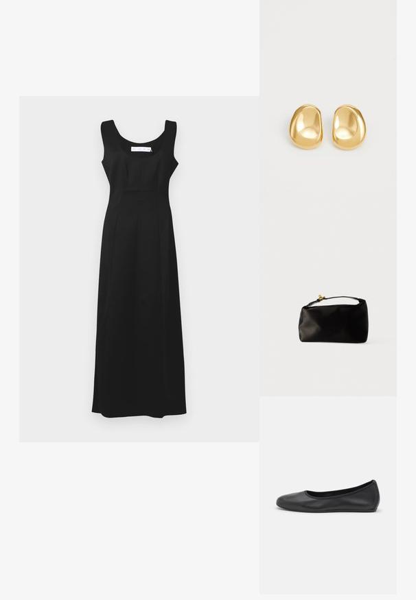 Vestido maxi negro sin mangas con escote redondeado, que presenta un corpiño ajustado y una falda fluida. Tejido suave con un ligero brillo.; Bailarina de piel negra con punta redondeada, textura suave, detalle de costura minimalista y diseño de suela flexible.; Bolsa de terciopelo negro con forma redondeada, un asa superior y un cierre de acento dorado. Textura suave con un diseño minimalista.; Pendientes de studs en color dorado con una forma suave y redondeada y una superficie reflectante, que exhiben un diseño minimalista y sin patrones visibles.