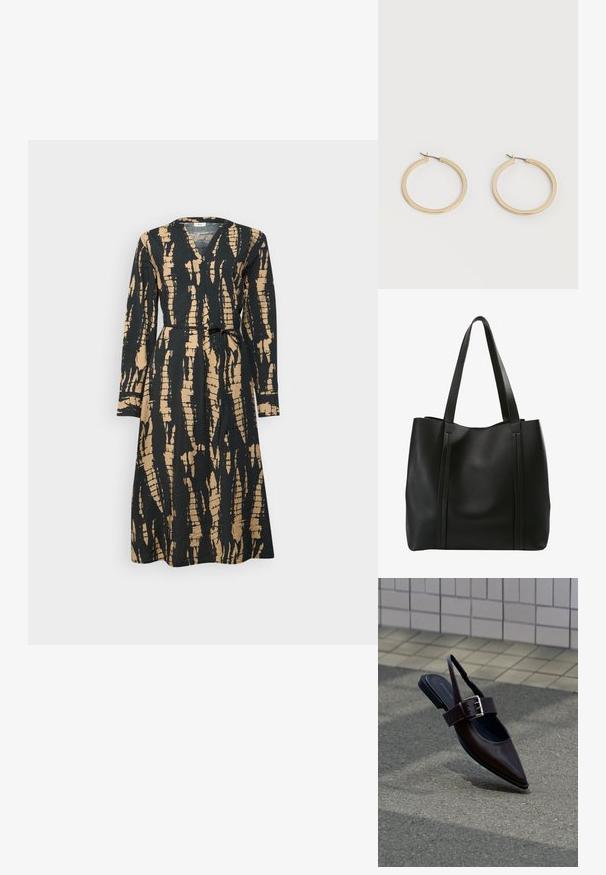 Langärmliges Wickelkleid mit einem Schwarz-Gold-Abstract-Muster, V-Ausschnitt und einem Gürtel in der Taille, hergestellt aus strukturierter Stoff.; Dunkelbrauner Slingback-Flachschuh mit spitz zulaufender Zehenpartie, breitem Riemen und großer silberner Schnalle auf Asphalt in der Nähe einer gefliesten Wand.; Schwarze Leder-Tote mit zwei langen Griffen, die ein minimalistisches Design, eine glatte Textur und vertikale Nähte auf der Vorderseite aufweist.; Paar mittelgroße, glatte Creolen in Goldton mit Scharnier-Verschlüssen auf einem einfarbigen hellen Hintergrund.
