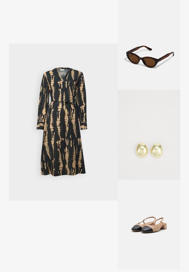 Vestido envolvente de manga larga con un patrón abstracto en negro y dorado, escote en V y un cinturón en la cintura, hecho de una tela texturizada.; Zapatos slingback de cuero beige con punta negra, tacón cuadrado y correa ajustable. Textura suave y diseño minimalista.; Gafas de sol de carey marrón con una forma vintage de ojo de gato y lentes marrones. Presentan brazos curvados con acentos rojos.; Pendientes de metal en tono dorado, con forma suave y redondeada y acabado pulido. Diseño sencillo sin adornos adicionales.