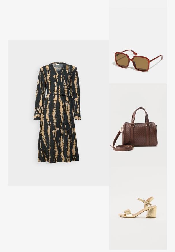 Vestido envolvente de manga larga con un patrón abstracto en negro y dorado, escote en V y un cinturón en la cintura, hecho de una tela texturizada.; Sandalias de tacón alto metálicas doradas con un tacón grueso, puntera abierta y tira en el tobillo. Textura suave y diseño minimalista.; Gafas de sol cuadradas rojas con lentes tintados marrones. Montura gruesa y brillante, con varillas delgadas y un pequeño detalle en el lateral para añadir interés visual.; Bolso de mano tejido en cuero marrón oscuro con asas dobles trenzadas, herrajes dorados y correa de hombro desmontable enrollada al frente.