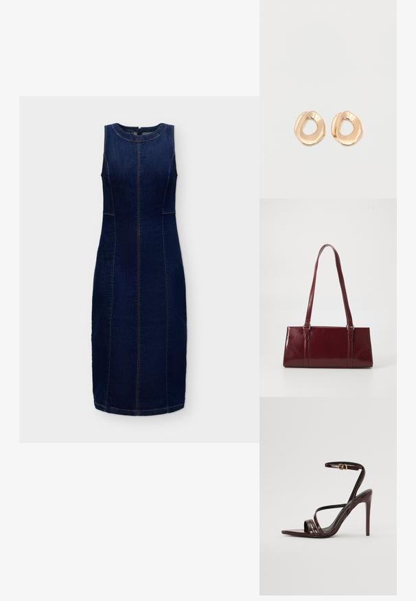 Robe en denim bleu foncé sans manches avec encolure ronde, coutures apparentes et ourlet au genou, présentée sur un fond uni.; Sandale à talons hauts en cuir verni bourgogne avec une bride de cheville, bout pointu et trois bandes horizontales sur le pied. Détail de boucle dorée.; Sac à main bordeaux en matériau brillant, de forme rectangulaire, avec deux anses et des accents légèrement courbés à l'avant.; Paired boucles d'oreilles en métal doré poli de forme irrégulière avec un centre ouvert sur un fond blanc uni.