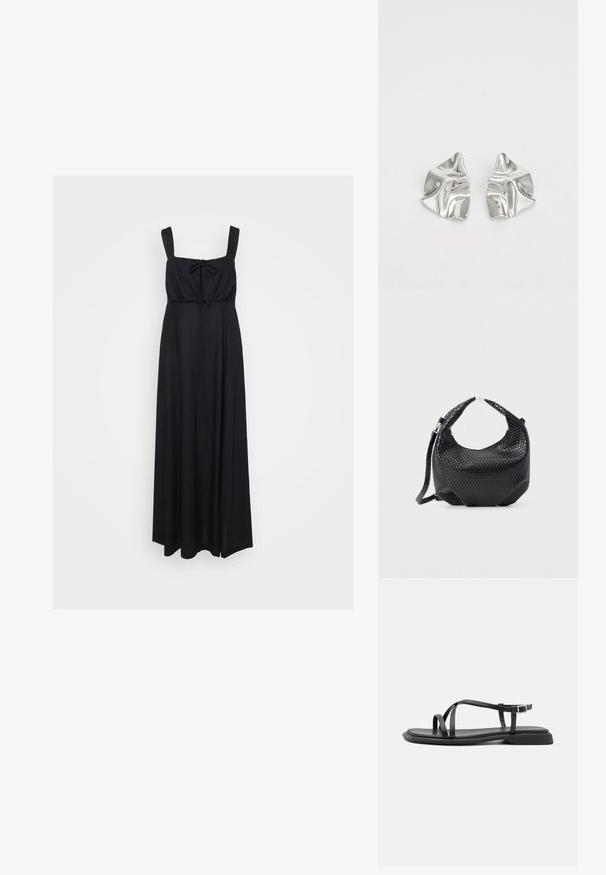 Robe maxi noire avec un décolleté carré, des bretelles larges et un détail à nouer à l'avant. Fabriquée en tissu doux et léger.; Sandales plates noires avec de fines brides réglables, un entre-doigt rectangulaire et une finition mate texturée. Elles présentent un talon bas légèrement carré.; Sac à main en cuir tressé noir avec poignée courte et bandoulière amovible, présenté sur un fond clair uni.; Boucles d'oreilles en métal argenté avec un design ondulé et sculptural, présentant une finition polie et des formes irrégulières, mettant en valeur une esthétique contemporaine.