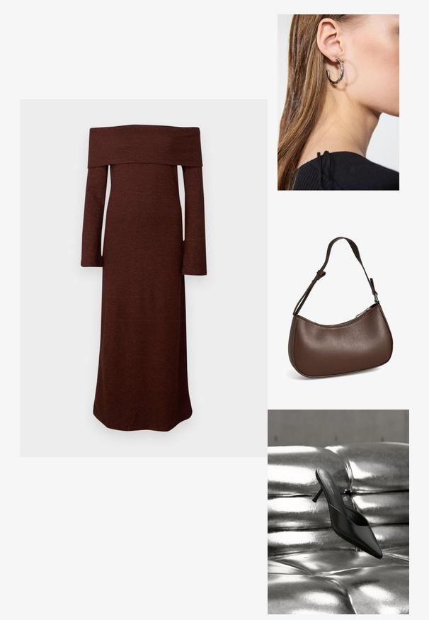Robe brune, décolletée d'une épaule, à manches longues, faite d'un tissu texturé ; corsage ajusté qui se prolonge en une jupe droite en dessous du genou.; Mule noire à bout pointu avec un talon fin, posée sur une surface matelassée argentée brillante et métallique.; Petit sac bandoulière en cuir marron avec sangle réglable et fermeture éclair, présenté sur fond blanc. Aucun logo ou décoration visible.; Boucle d'oreille en argent avec une finition polie, présentant de petits détails en or et de forme ronde, portée sur le lobe.