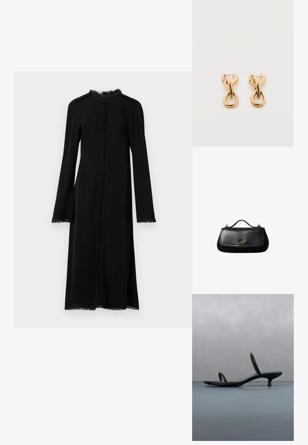Robe longue noire en tissu doux, avec une coupe droite, des bords à franges et de longues manches à larges poignets. Aucun système de fermeture.; Sandale à talon Calvin Klein noire avec des lanières fines, posée sur des carreaux en bois en plein air près d'un mur et de la verdure.; Sac à main en cuir noir avec une petite poignée, logo "cK" doré sur le rabat avant, et accessoires dorés.; Paire de boucles d'oreilles créoles en bouclettes dorées brillantes sur fond blanc uni, présentant un design torsadé entrelacé.