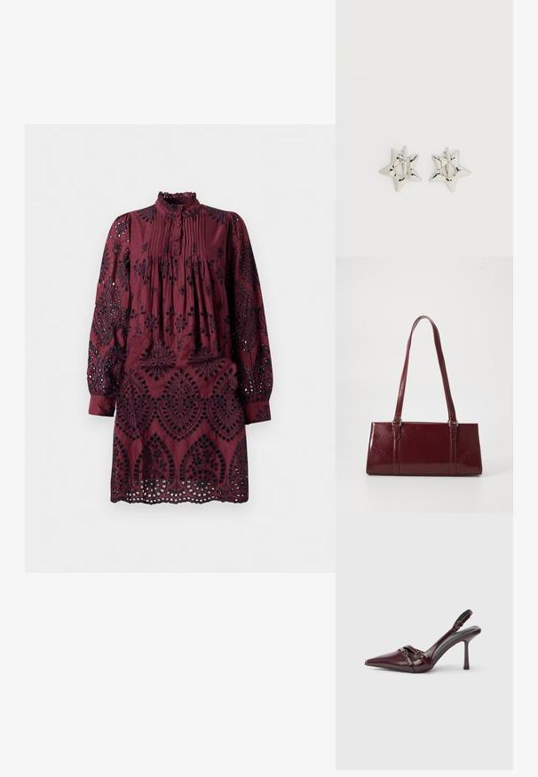 Burgundia kleit pikkade varrukatega, volditud eesmine osa, volangkaelus ja keerukad mustad tikandid. Silmadega lõigatud detailidäär.; Burgundia lakknahast slingback-kontsaga kingad terava nina, õhukese pahkluu rihma ja väikese dekoratiivse pandlaga. Sile tekstuur ja kõrge konts.; Burgundia värvi käekott, mis on valmistatud läikivast materjalist, ristküliku kujuline, kahe õlapaelaga ning ees on peened kaarjad aktsendid.; Hõbedast tähekujulised rõngaskõrvarõngad, millel on sile ja poleeritud viimistlus, tavalise valge taustaga.