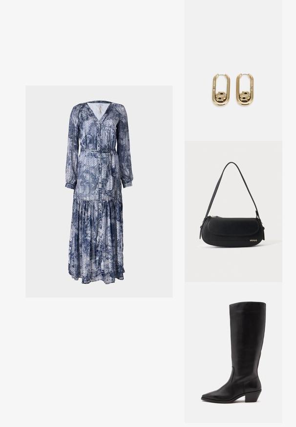 Vestido de manga larga con escote en V en estampado de paisley azul y blanco. Cuenta con una cintura ajustada y una falda de volantes, confeccionado en una tela ligera.; Bota de cuero negra hasta la mitad de la pantorrilla con puntera puntiaguda y tacón bajo inclinado sobre un fondo claro y liso.; Bolso de hombro de cuero negro con solapa curva, logo dorado "HUGO" en el frente y una correa ajustable.; BOSS DOUBLE B SWING - Pendientes - gold-coloured