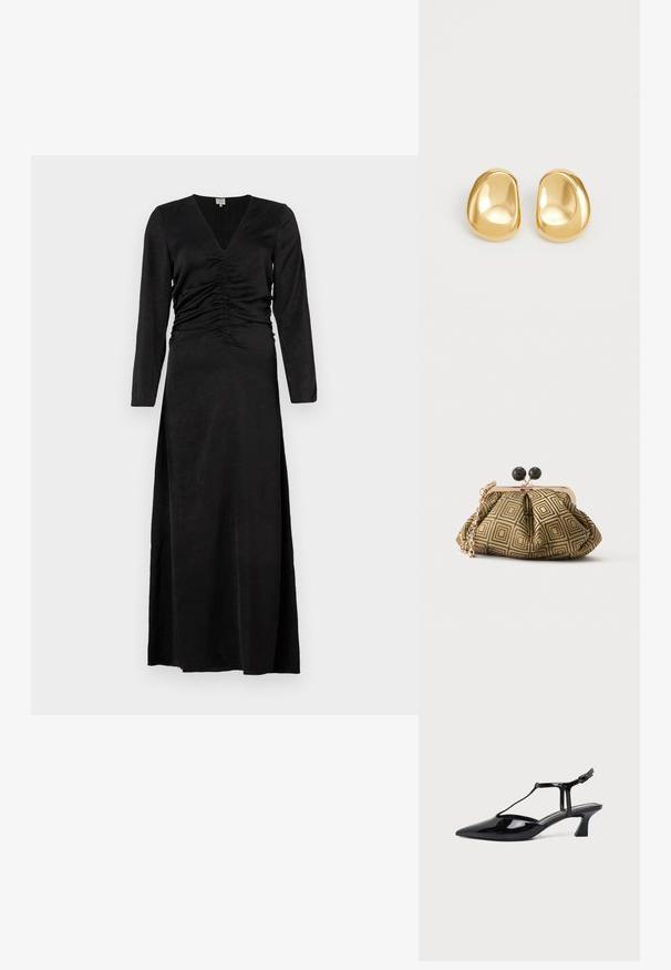 Robe noire à manches longues avec décolleté en V, présentant des détails froncés à la taille et une fente sur le côté, fabriquée à partir d'un tissu lisse et léger.; Chaussure slingback en cuir verni noir à bout pointu avec bride en T et petit talon bloc incliné sur fond blanc.; Petite pochette avec motif géométrique doré et noir, cadre en métal doré, fermeture à boule noire et une courte chaîne dorée.; Boucles d'oreilles en forme de clou de couleur or, avec une forme lisse et arrondie et une surface réfléchissante, mettant en avant un design minimaliste sans motifs visibles.