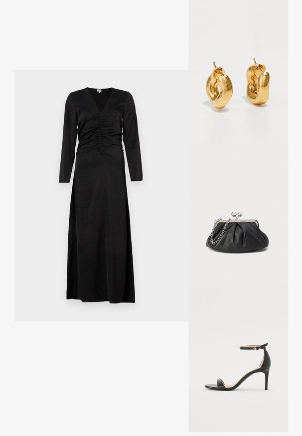 Schwarzes langärmeliges Kleid mit V-Ausschnitt, mit gerafften Details an der Taille und einem Seitenschlitz, aus einem glatten, leichten Stoff gefertigt.; Schwarze Leder-high-heeled Sandale mit Knöchelriemen. Verfügt über eine glatte Textur, offene Zehen und einen dünnen Absatz. Goldfarbener Schnallenakzent.; Schwarze Leder-Clutch mit geraffter Textur, silberfarbener Metallrahmen, Druckverschluss und Kettenriemen. Glatte, weiche Oberfläche.; Fette goldene Creolen mit einem leicht verdrehten, röhrenförmigen Design und Steckverschlüssen auf einem weißen Hintergrund.