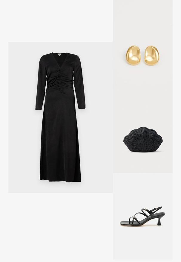Schwarzes langärmeliges Kleid mit V-Ausschnitt, mit gerafften Details an der Taille und einem Seitenschlitz, aus einem glatten, leichten Stoff gefertigt.; Schwarze lackierte Riemchensandalen mit quadratischer Zehenpartie und niedrigem Blockabsatz. Ausgestattet mit vergoldeten Beschlägen und verstellbaren Knöchelriemen.; Schwarze Korbtasche in Muschelform mit gebogenem Oberteil und gewebter Textur auf einfarbigem Hintergrund.; Goldfarbene Ohrstecker mit einer glatten, runden Form und einer reflektierenden Oberfläche, die ein minimalistisches Design ohne sichtbare Muster zeigen.