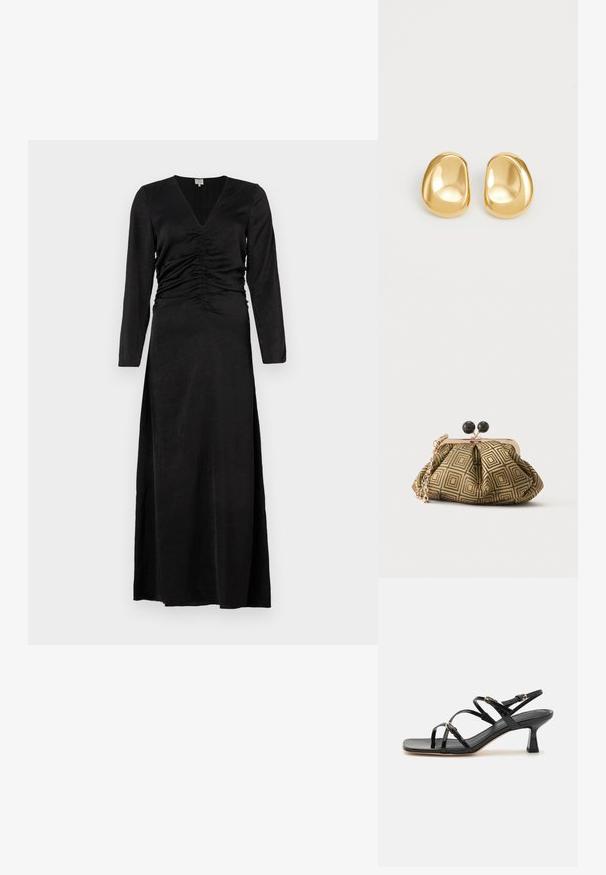 Schwarzes langärmeliges Kleid mit V-Ausschnitt, mit gerafften Details an der Taille und einem Seitenschlitz, aus einem glatten, leichten Stoff gefertigt.; Schwarze lackierte Riemchensandalen mit quadratischer Zehenpartie und niedrigem Blockabsatz. Ausgestattet mit vergoldeten Beschlägen und verstellbaren Knöchelriemen.; Kleine Clutch mit goldenem und schwarzem geometrischem Muster, goldfarbenem Metallrahmen, schwarzem Kugelverschluss und kurzem goldfarbenem Kettenriemen.; Goldfarbene Ohrstecker mit einer glatten, runden Form und einer reflektierenden Oberfläche, die ein minimalistisches Design ohne sichtbare Muster zeigen.