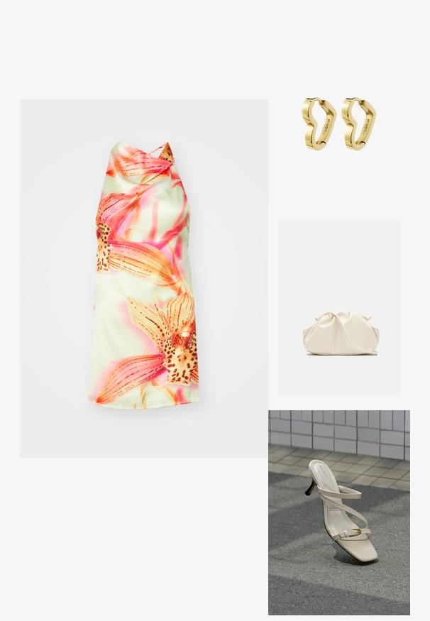 Blomster halterneck kjole med en lys grøn baggrund, prydet med livlige pink og orange blomster, glat tekstur og en elegant fald.; Beige højhælet sandal med tynde stropper og en lille guldbue, vist på tekstureret belægning mod en flisebelagt væg.; Blød, cremefarvet læder clutch taske med samlet, rynket design og en tynd skulderrem, der hviler foran på en ensfarvet baggrund.; Par polerede guldfarvede hoop-øreringe med ujævn bølget form, graveret med "PILGRIM" på indersiden.