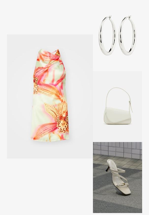 Blomster halterneck kjole med en lys grøn baggrund, prydet med livlige pink og orange blomster, glat tekstur og en elegant fald.; Beige højhælet sandal med tynde stropper og en lille guldbue, vist på tekstureret belægning mod en flisebelagt væg.; Hvid taske i faux læder med en struktureret trekantet form, enkelt justerbart skulderstrop og en flaplås med kurver.; Sølv hoops øreringe med en glat, reflekterende overflade. Rund, stor form med en sikker lås øverst. Den polerede finish fremhæver glansen.