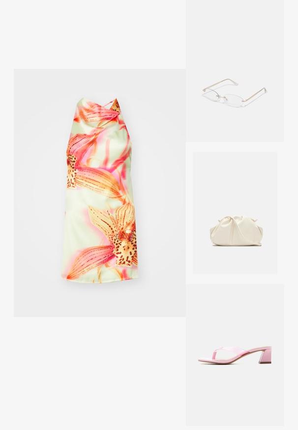 Blomster halterneck kjole med en lys grøn baggrund, prydet med livlige pink og orange blomster, glat tekstur og en elegant fald.; Pink åben-tået sandal med gennemsigtige stropper og blokhæl mod en ensartet hvid baggrund.; Guldmetal briller med ovale linser, slanke arme og klare næsepuder. Har subtile hængsel accenter og gennemsigtige linser.; Blød, cremefarvet læder clutch taske med samlet, rynket design og en tynd skulderrem, der hviler foran på en ensfarvet baggrund.