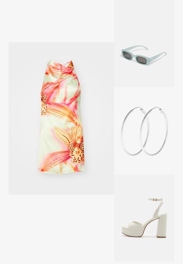 Blomster halterneck kjole med en lys grøn baggrund, prydet med livlige pink og orange blomster, glat tekstur og en elegant fald.; Hvide plateauhæle med blokhæl, åben tå og ankelstrop med en metalspænde. Fremstillet af glat syntetisk materiale.; Et par rektangulære solbriller med lyseblå gennemsigtige stel og mørkegrå linser, der har lige templer og minimale hardware detaljer.; Sølvfarvede hoop øreringe med en glat, rund form og en poleret overflade. Begge øreringe er i samme størrelse og har en sikker lukke mekanisme.