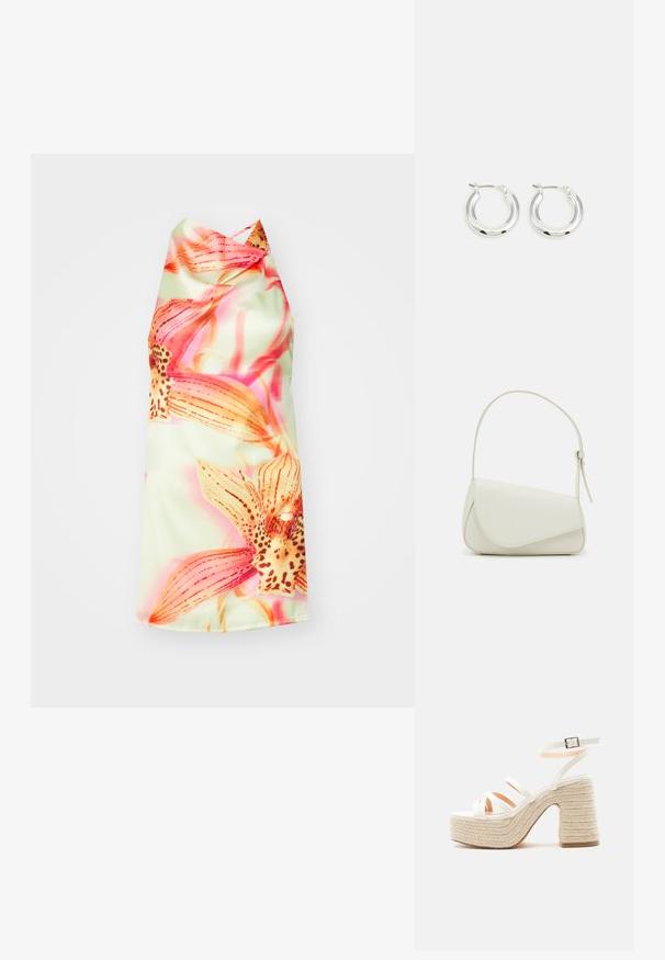 Blomster halterneck kjole med en lys grøn baggrund, prydet med livlige pink og orange blomster, glat tekstur og en elegant fald.; Hvid platformsandal med flettet reb hæl og sål, tre frontremme og en ankelrem med sølvsnude.; Hvid taske i faux læder med en struktureret trekantet form, enkelt justerbart skulderstrop og en flaplås med kurver.; Sølv hoop-øreringe med en poleret finish, der har en cirkulær form og en hængslet lukning. Glat tekstur med minimal detaljering.