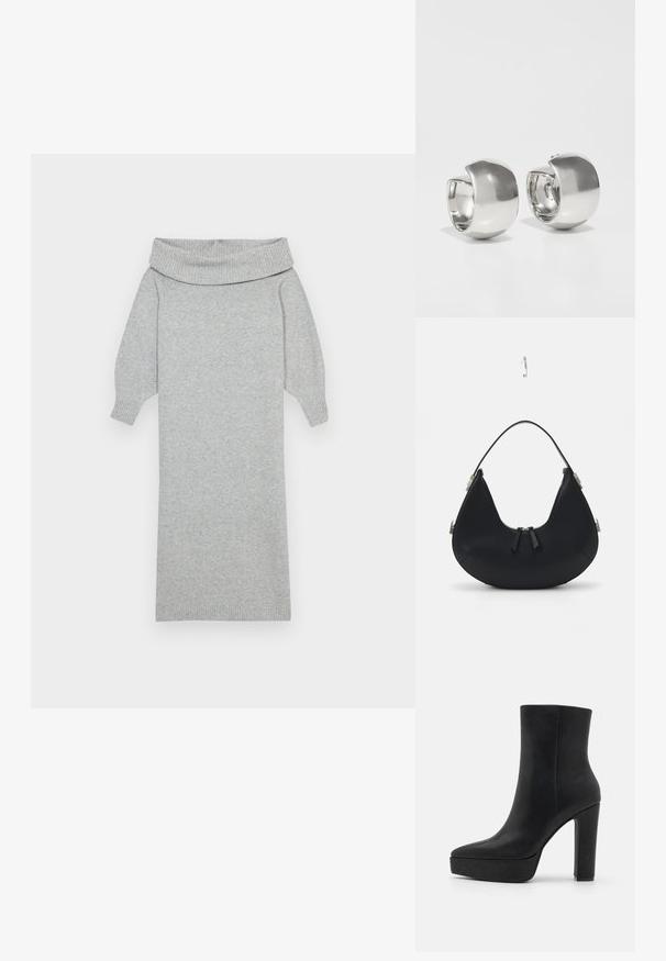 Grå strikket sweaterkjole med en bred off-shoulder krave, ribbede manchetter og en lige silhuet. Blød tekstur og mellemlang design.; Sort ankelstøvle lavet af tekstureret læder med en spids snude, en chunky plateau og en høj blokhæl. Glat overflade, minimal detaljering.; Sort læderhandtaske med en buet form, lynlåslukning, to sorte frynser og sølvhardware-detaljer, herunder en unik fastgørelsesdetalje.; Uncommon Matters SCULPTURAL LARGE CREOLE - Øreringe - silver-coloured