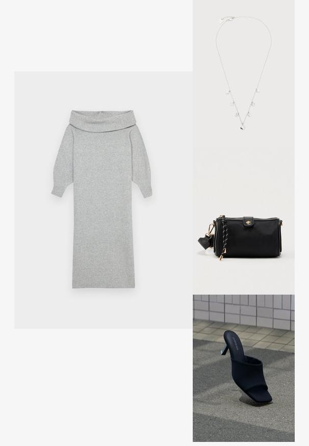 Grå strikket sweaterkjole med en bred off-shoulder krave, ribbede manchetter og en lige silhuet. Blød tekstur og mellemlang design.; Sort åben tå mule med blokhæl og firkantet tå, mærket "EVEN&ODD," placeret på gråt fortov nær flisebelagt væg.; Sort rektangulær taske med en glat tekstur, guldfarvet hardware, lynlås og en dekorativ sort og hvid strop fastgjort til siden.; Delikat sølvkæde med syv små firkantede vedhæng jævnt fordelt, hver indeholdende en klar sten.