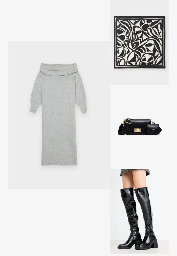 Grå strikket sweaterkjole med en bred off-shoulder krave, ribbede manchetter og en lige silhuet. Blød tekstur og mellemlang design.; Sorte, glansende støvler til knæene med en firkantet tå og kraftig hæl. Har en sidelukning med lynlås og et tætsiddende, struktureret design.; Sort og cremefarvet rektangulær tørklæde med et abstrakt bladmønster i kraftige linjer, afsluttet med en kontrastende kant. Glat tekstur.; Sort læder crossbody taske med bred justerbar rem og lille vedhæftet møntpose, begge med guldfarvet hardware og ALDO-branding.