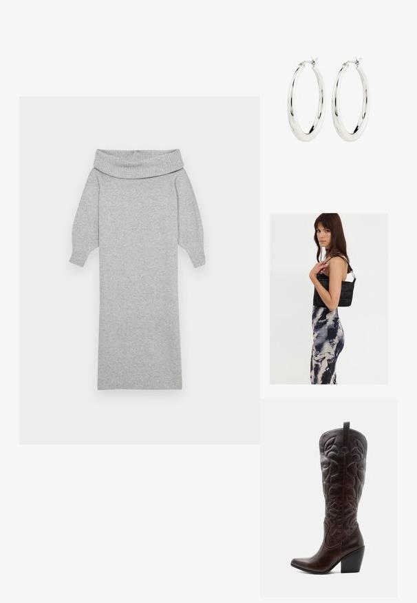Graues gestricktes Sweaterkleid mit einem breiten Off-Shoulder-Kragen, gerippten Bündchen und gerader Silhouette. Weiche Textur und knielanges Design.; Hoher dunkelbrauner Leder-Cowboystiefel mit gestickten dekorativen Mustern, spitzer Spitze und gestapeltem Blockabsatz.; Schwarze gesteppte Schultertasche mit einem einzelnen Riemen und silberner Hardware, kombiniert mit einem figurbetonten Kleid im Batikmuster in Schwarz- und Cremetönen.; Silberne Creolen mit einer glatten, glänzenden Oberfläche. Kreisform, ausgestattet mit einem sicheren Verschluss. Einfaches und elegantes Design.