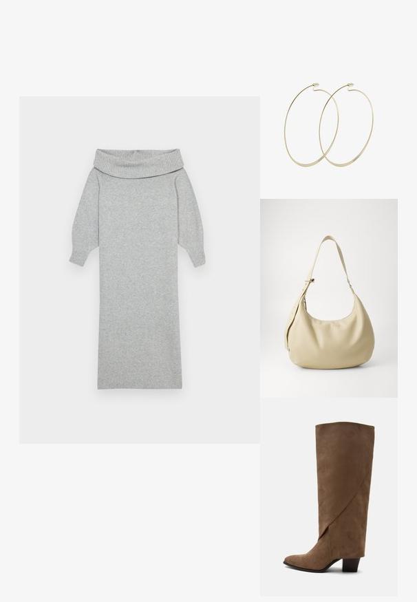 Grå strikket sweaterkjole med en bred off-shoulder krave, ribbede manchetter og en lige silhuet. Blød tekstur og mellemlang design.; Brun ruskind knehøj støvle med en foldet detalje og en mellemhøj blokhæl, vist fra siden på en hvid baggrund.; Beige læder skuldertaske med en buet form, justerbar rem og præget logo detalje, der har en glat tekstur og minimalistisk design.; Pilgrim Øreringe - gold-coloured