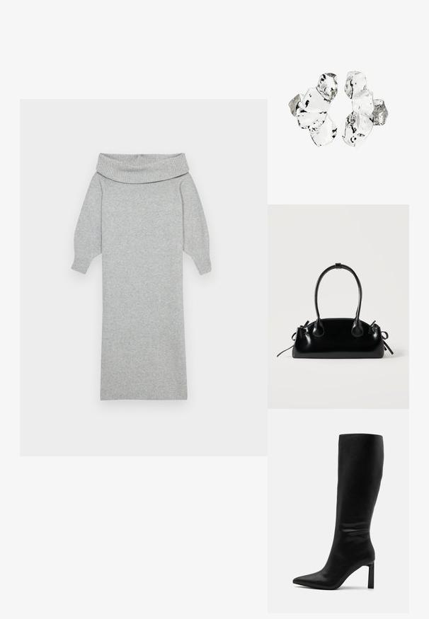 Grå strikket sweaterkjole med en bred off-shoulder krave, ribbede manchetter og en lige silhuet. Blød tekstur og mellemlang design.; Even&Odd by Zalando Høje støvler/ Støvler - black; Lille sort blank håndtaske med to lange håndtag og snøre-detaljer i siden på en ensfarvet lys baggrund.; Klynge af seks uregelmæssigt formede, gennemsigtige og reflekterende glaslignende stykker arrangeret på en hvid baggrund.