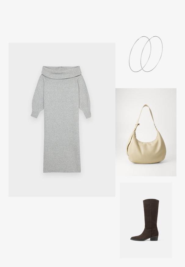 Grå strikket sweaterkjole med en bred off-shoulder krave, ribbede manchetter og en lige silhuet. Blød tekstur og mellemlang design.; Mørkebrune ruskindsknæstøvler med firkantet tå, glat overflade og en kort stablet hæl, der har et minimalistisk design og rene linjer.; Beige læder skuldertaske med en buet form, justerbar rem og præget logo detalje, der har en glat tekstur og minimalistisk design.; Sølvøreringe med et minimalistisk design. Cirkulær form, glat tekstur og tynd profil. Letvægtige med en poleret overflade.