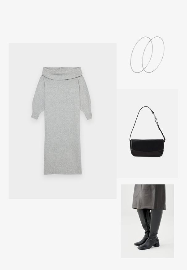 Graues gestricktes Sweaterkleid mit einem breiten Off-Shoulder-Kragen, gerippten Bündchen und gerader Silhouette. Weiche Textur und knielanges Design.; Kniehohe schwarze Lederstiefel mit quadratischer Zehenpartie, schrägem Blockabsatz und seitlichem Reißverschluss; glatte Textur und körperbetontes Design.; Vagabond DEIA - Handtasche - black; Silberne Creolen mit minimalistischem Design. Rundform, glatte Oberfläche und dünnes Profil. Leichtgewichtig mit hochglänzender Oberfläche.