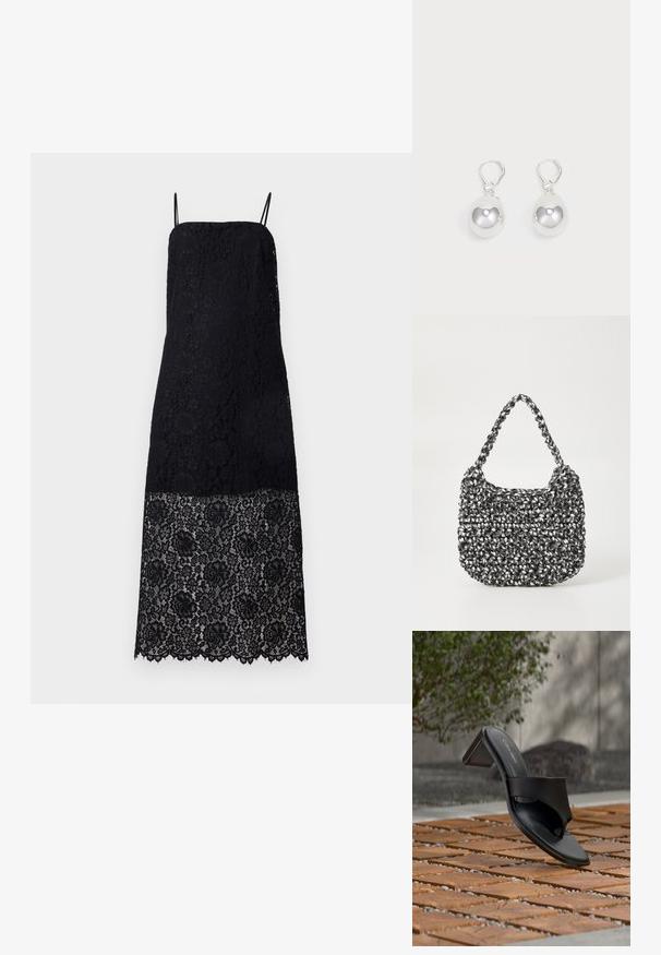 Robe noire en dentelle avec des bretelles spaghetti, présentant des motifs floraux élaborés. Le ourlet est festonné, ajoutant du détail au design du tissu.; Sandale à talon noire Calvin Klein avec boucle pour l’orteil, posée sur un sol en carreaux de bois en extérieur, près d’un arbre et d’un mur en pierre.; Sac en osier noir et blanc de forme arrondie, avec une surface texturée et une poignée tressée. Convient à un usage décontracté.; Boucles d'oreilles en argent en forme de goutte avec des surfaces lisses, rondes et réfléchissantes, suspendues à des fermoirs à ressort. L'arrière-plan est blanc uni.