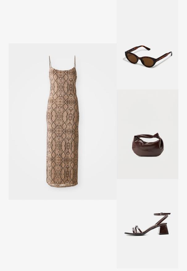 Vestido sin mangas, ajustado, con un estampado de serpiente texturizado en tonos marrones, que llega hasta la mitad de la pantorrilla. Diseño simple sobre un fondo blanco.; Sandalia de charol marrón oscuro con tacón bloque, tira en el tobillo con hebilla y dos tiras finas sobre los dedos, sobre fondo blanco.; Gafas de sol de carey marrón con una forma vintage de ojo de gato y lentes marrones. Presentan brazos curvados con acentos rojos.; Bolso de hombro de cuero marrón oscuro con una forma suave y caída, y un asa con nudo torcido sobre un fondo blanco liso.