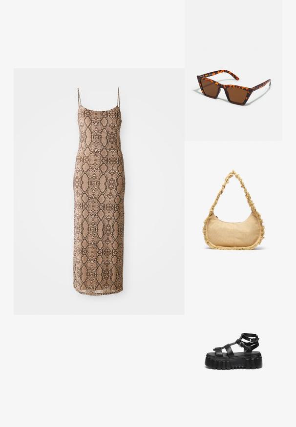 Vestido sin mangas, ajustado, con un estampado de serpiente texturizado en tonos marrones, que llega hasta la mitad de la pantorrilla. Diseño simple sobre un fondo blanco.; Las sandalias de plataforma negras presentan tiras en capas y detalles de hebilla, con una suela gruesa y texturizada y un diseño de plantilla suave.; Gafas de sol con tonalidades marrones y un patrón de carey, de montura angular y brazos delgados. Material plástico ligero.; Bolso beige texturizado con forma redondeada, con un borde deshilachado a lo largo de los lados y una correa corta para llevar. Apertura con cremallera en la parte superior.