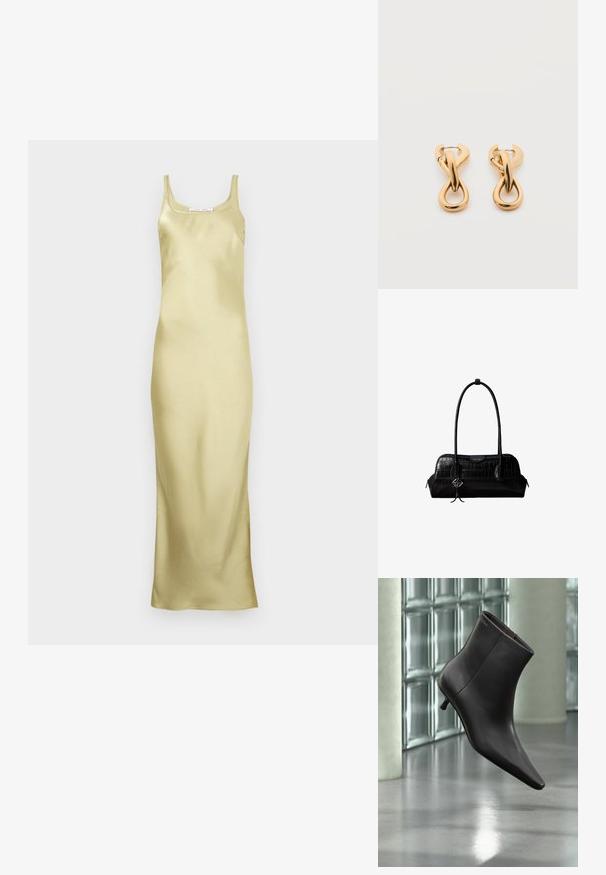 Robe nuisette en satin jaune clair avec une silhouette ajustée, fines bretelles et une texture lisse, dotée d'un ourlet longueur sol.; Bottine en cuir noir avec bout pointu et petit talon, présentée devant un mur en blocs de verre et un sol poli.; Sac à épaule en cuir noir à texture crocodile, avec de longues sangles et un petit charm logo argenté sur une sangle.; Paire de boucles d'oreilles créoles en bouclettes dorées brillantes sur fond blanc uni, présentant un design torsadé entrelacé.