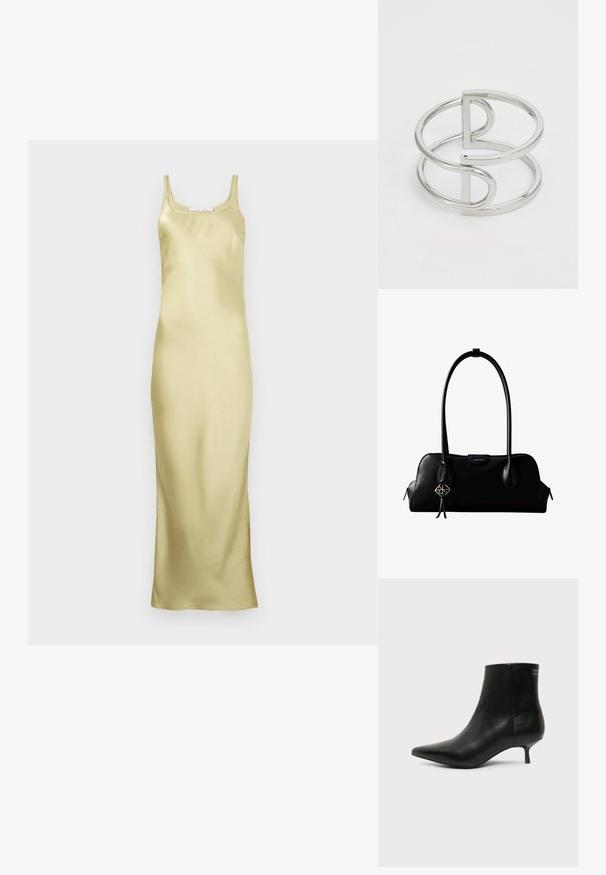 Robe nuisette en satin jaune clair avec une silhouette ajustée, fines bretelles et une texture lisse, dotée d'un ourlet longueur sol.; Bottine en cuir noir avec bout pointu et petit talon kitten sur fond clair, vue côté extérieur.; Sac à main en cuir noir Calvin Klein avec de longues anses, une étiquette logo à l'avant et un charme géométrique argenté suspendu à une anse.; Bracelet en métal argenté avec un design à double boucle, fini lisse et brillant, et un accent géométrique minimaliste.
