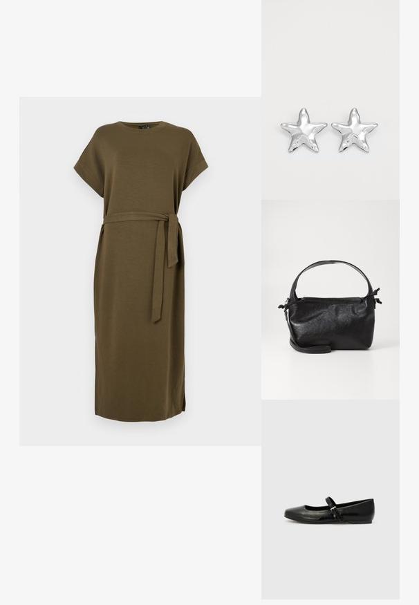 Robe vert olive, longueur genoux, en tissu doux avec des manches courtes et une ceinture en tissu à la taille. Présente des fentes latérales pour faciliter les mouvements.; Ballerines en cuir noir avec un bout arrondi, une semelle plate et une fine sangle ajustable sur le cou-de-pied avec une boucle en métal.; Sac à main en cuir noir au design structuré, avec une poignée arrondie et une bandoulière amovible. Présente une texture lisse et un éclat subtil.; Boucles d'oreilles argentées en forme d'étoile, avec une surface lisse et brillante. Chaque boucle d'oreille possède cinq pointes et des détails subtils de texture de surface.