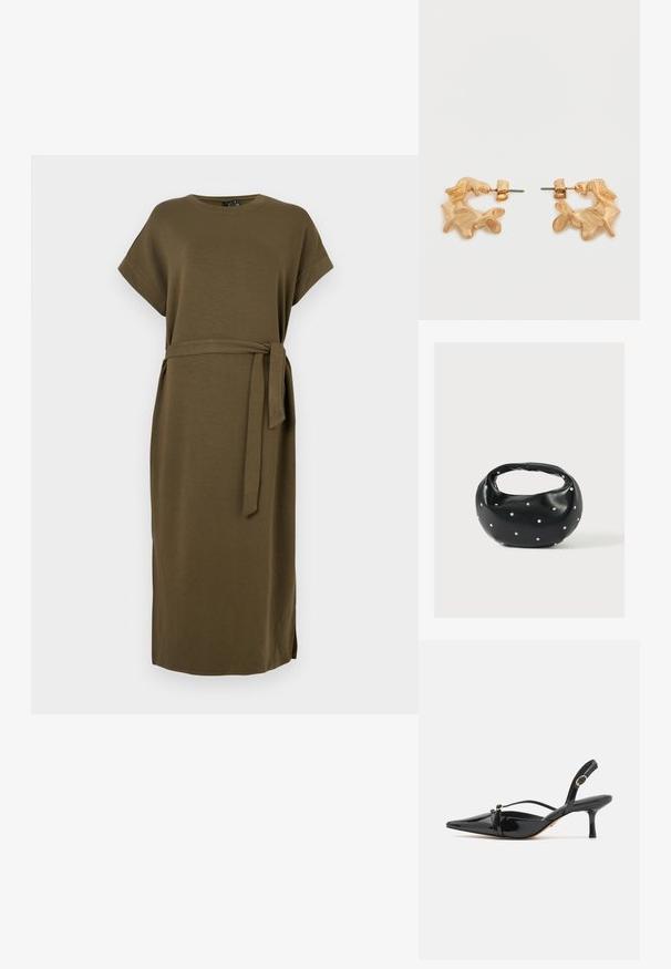 Robe vert olive, longueur genoux, en tissu doux avec des manches courtes et une ceinture en tissu à la taille. Présente des fentes latérales pour faciliter les mouvements.; ALDO MARIETTA PILLOW WALK - Escarpins - black; Sac à main en cuir noir de forme arrondie, décoré de clous argentés et équipé d'une poignée courte. Texture lisse et fermeture éclair.; Boucles d'oreilles dorées avec une forme abstraite et organique, présentant une surface texturée et une fermeture à poussette.