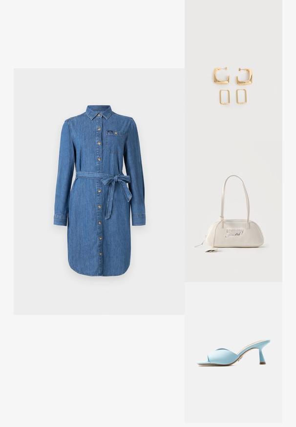 Denim skjortekjole med lange ærmer, frontknapper, brystlomme og knyttet taljebælte i medium blå vask.; Lyseblå mule med åben tå, brede krydsede stropper og en udvidet mellemhøj hæl vist i profil mod hvid baggrund.; Rektangulær skuldertaske i cremefarve med lange stropper, "tommy jeans"-logo i sølv på fronten og en hængende mærkat fastgjort til lynlåsen.; To par guldfarvede geometriske hoop-øreringe på en ensfarvet hvid overflade, et par firkantede og solide, et par rektangulære og hule.