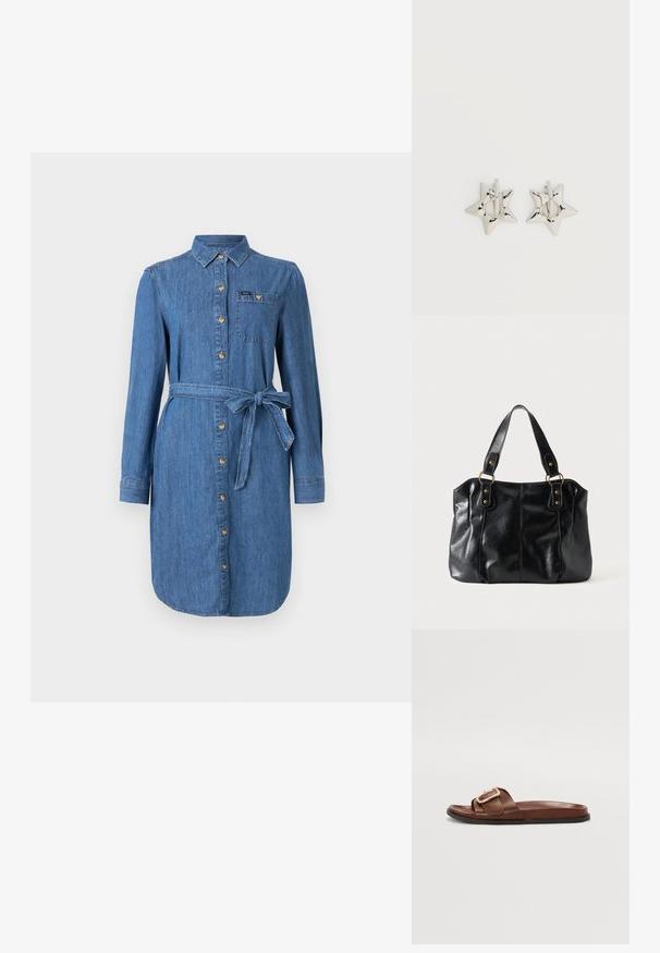 Vestido de camisa de denim con mangas largas, botones en el frente, bolsillo en el pecho y cinturón atado en la cintura en un lavado azul medio.; Sandal de cuero marrón deslizante con una banda ancha y un acento de hebilla dorada, suela plana y textura suave.; Bolso de cuero negro para el hombro con doble asa unida por anillas y remaches dorados, superficie lisa y ligeramente brillante, diseño sencillo.; Pendientes de aro plateados en forma de estrella con un acabado liso y pulido sobre un fondo blanco liso.