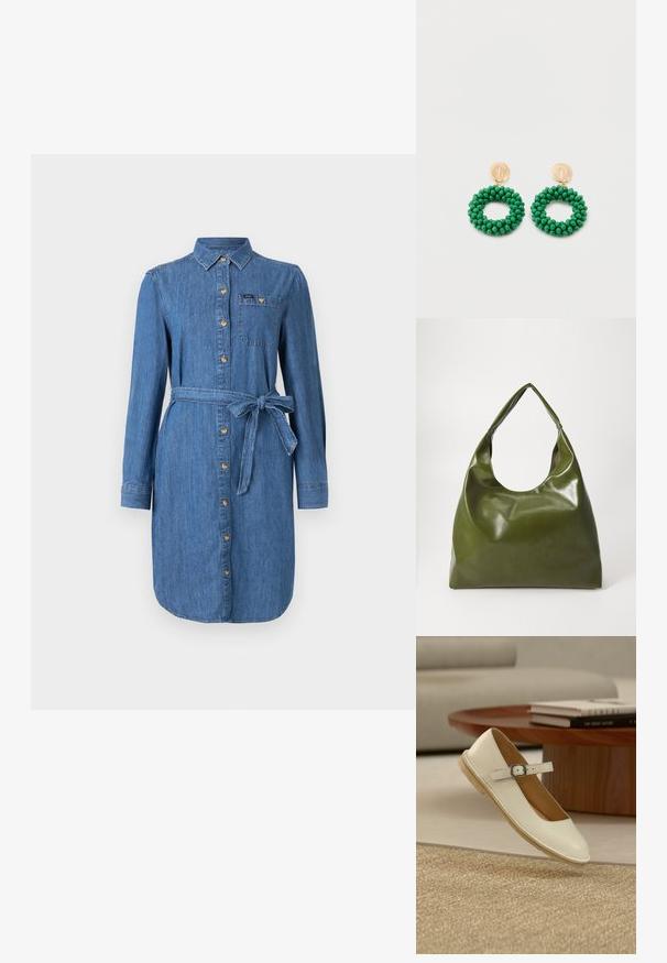 Denim skjortekjole med lange ærmer, frontknapper, brystlomme og knyttet taljebælte i medium blå vask.; Kremfarvet Mary Jane-sko med spænde og beige sål, der svæver over et flettet tæppe, et træbord og bøger i baggrunden.; Grøn læder hobo taske med en slouchy design, buet håndtag og glat tekstur. Indeholder ingen synlig hardware eller accenter.; Runde øreringe med teksturerede guldbelægninger og grønne perlebesatte cirkulære løkker, der hænger nedenunder på en hvid baggrund.